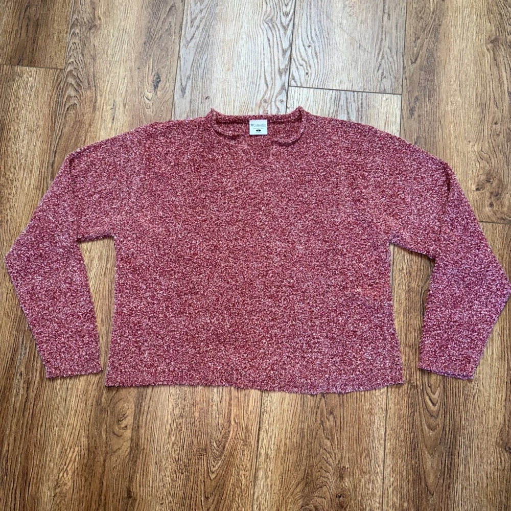 Columbia Red Marled Knit Notched Neck Sweater Womens Large Cabincore Cozy Fall
